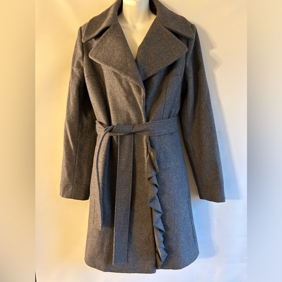 NICOLE MILLER NEW YORK WOMENS GRAPHITE D WITH RUFFLE AND BELT WOOL BLEND COAT L - Picture 1 of 9